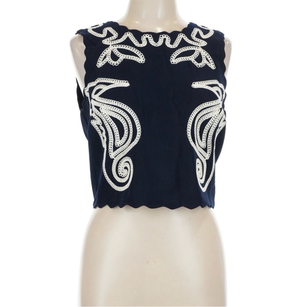 NWT Avec Les Filles Seahorse Embroidery Sleeveless Shell Navy & White Set M/6 - Picture 3 of 12